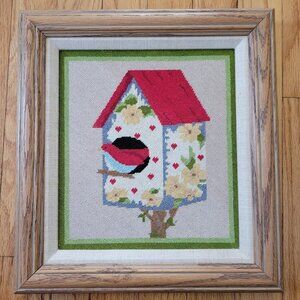 Vintage Bird House Cardinal Cross Stitched Embroidery Framed 13x12 Farmhouse